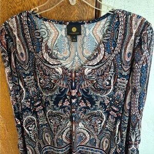 JM Collection Blue and Pink Paisley Top